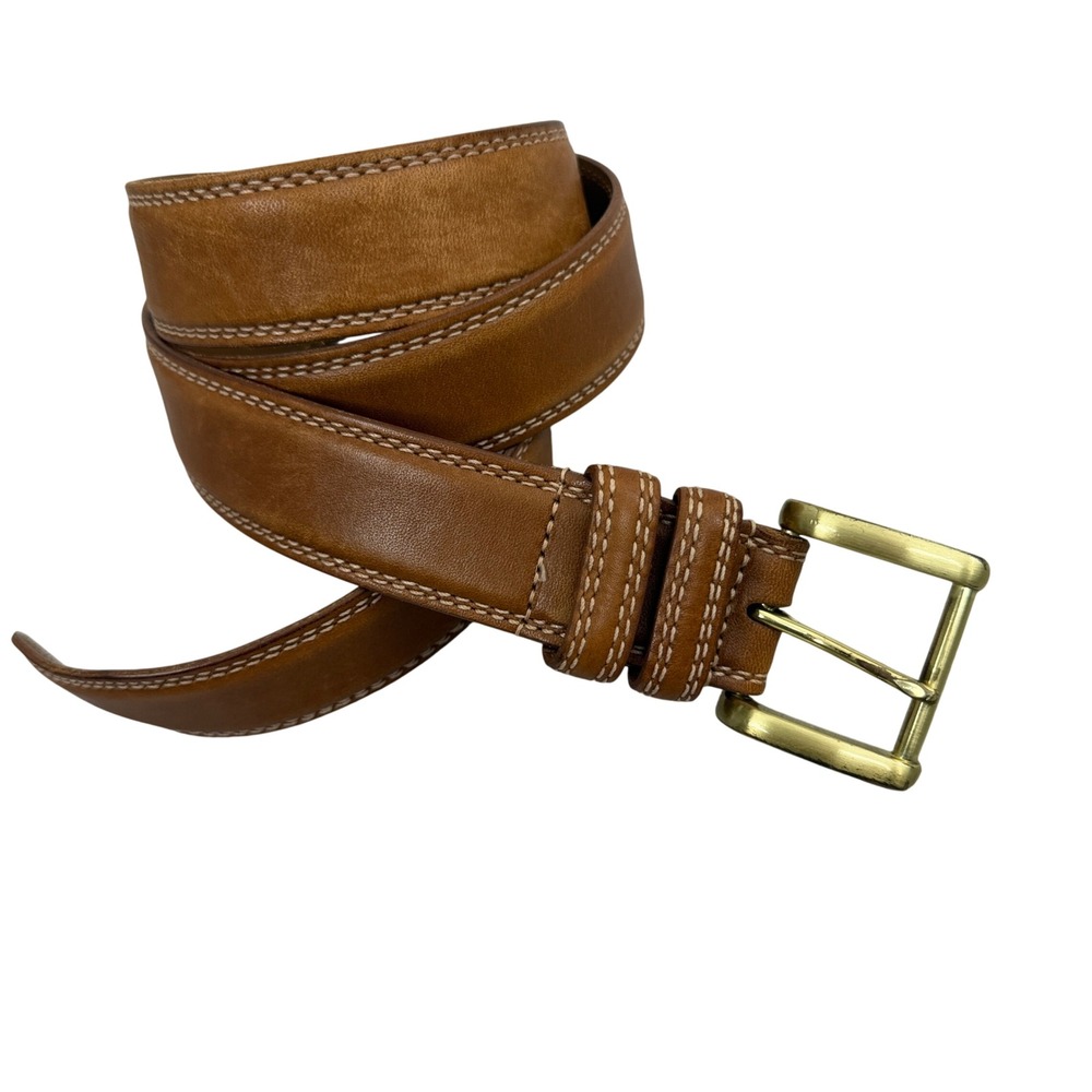 Allen Edmonds Belt Mens 40 Brown Leather Double Stitch Brass Buckle Casual Dress